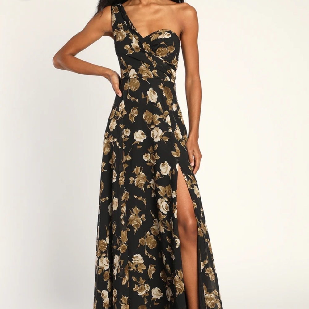 Lulu's One Shoulder Black and Gold Floral Dress